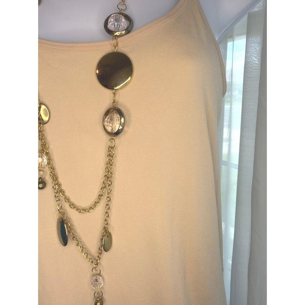 Layered Necklace Gold Tone Disc and Bead Long Chain